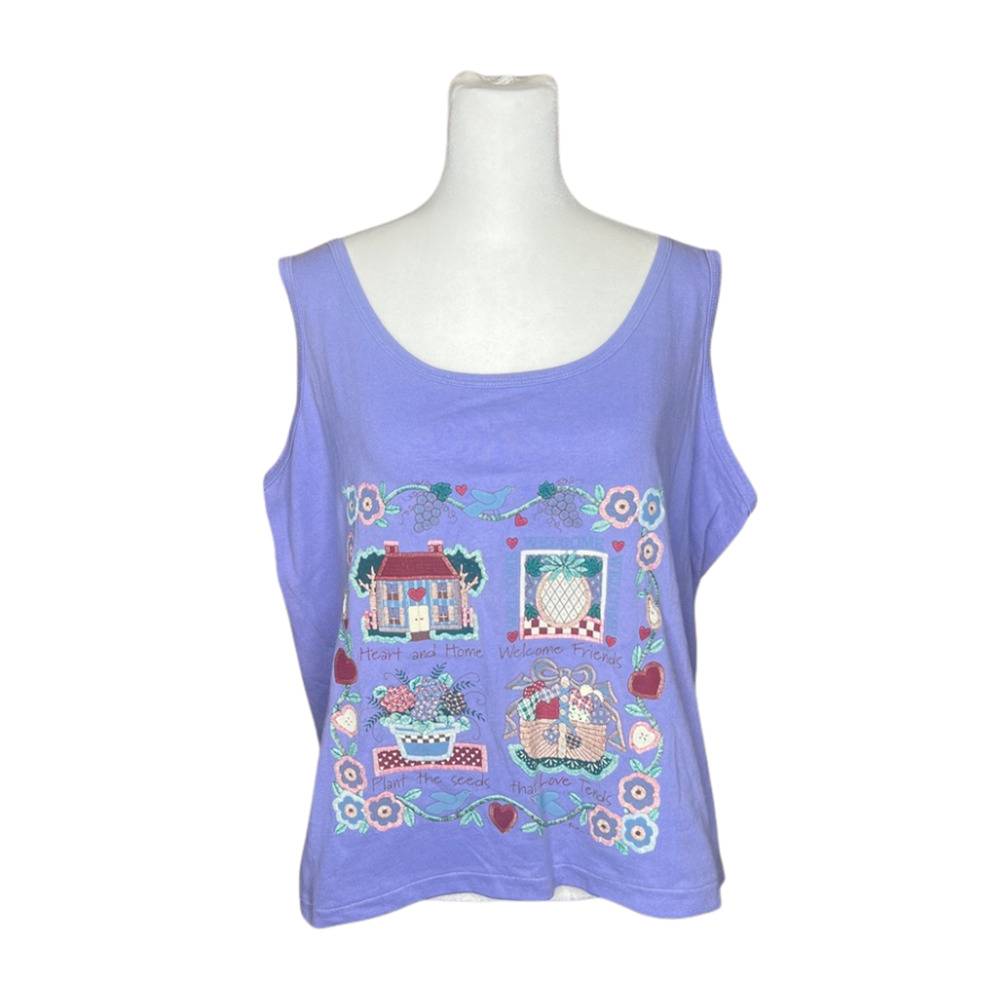Vtg 90s Tank Top Purple Puffy Paint Cottagecore Whimsical Grannycore Farmhouse